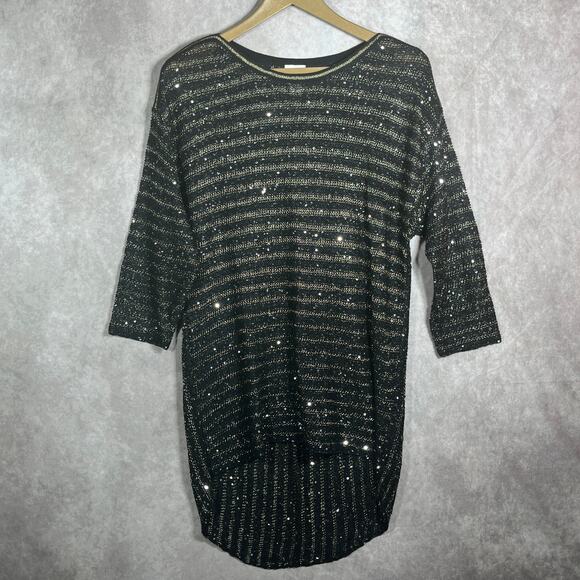 Chico's Sweater Womens Size 2 US Large‎ Black Metallic Sequin Knit Hi-Low Tunic - Picture 1 of 9
